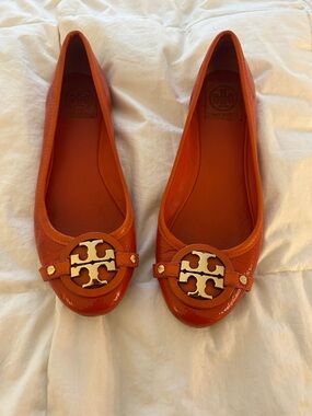 Tory Burch Bright Orange Patent Logo Ballet Flats